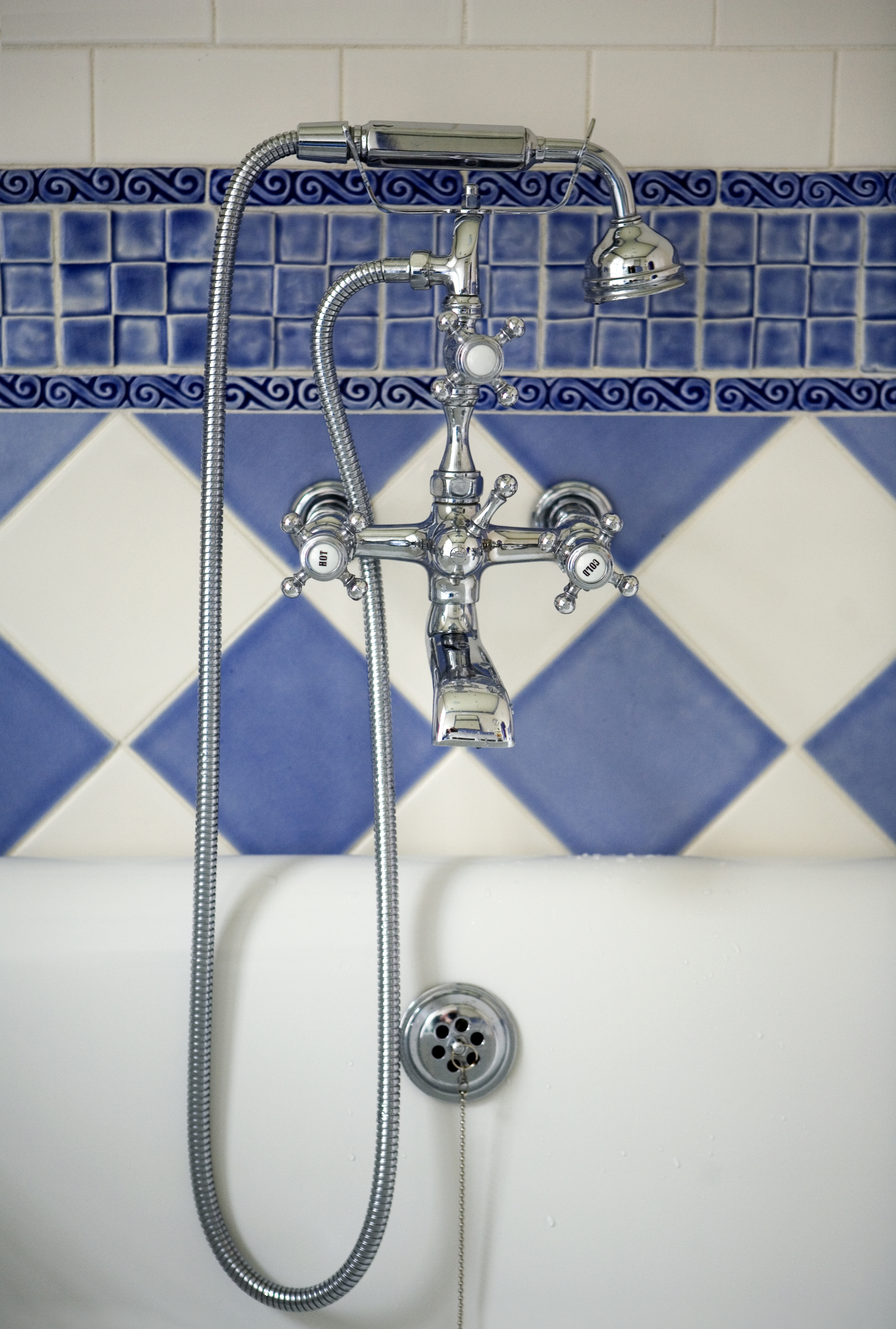 Heidi Pribell Blue bathroom tub faucet detail 1